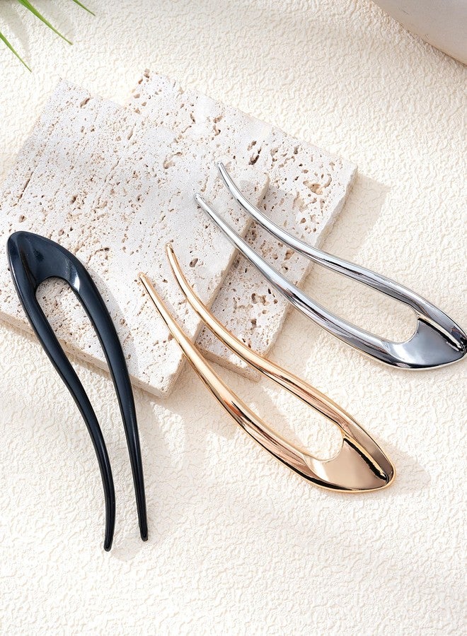 CHLINS French Hair Pins for Women 3 PCS Metal U-Shaped Hair Forks Sticks for Buns,Twist, Chignon & Updos – Secure All-Day Hold - Image 5